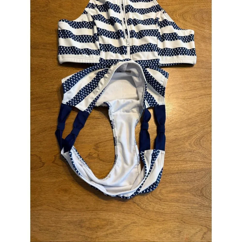 Venus Kids High Neck Zip Front Sailboat Stripe Bikini Set Navy White Size 12
